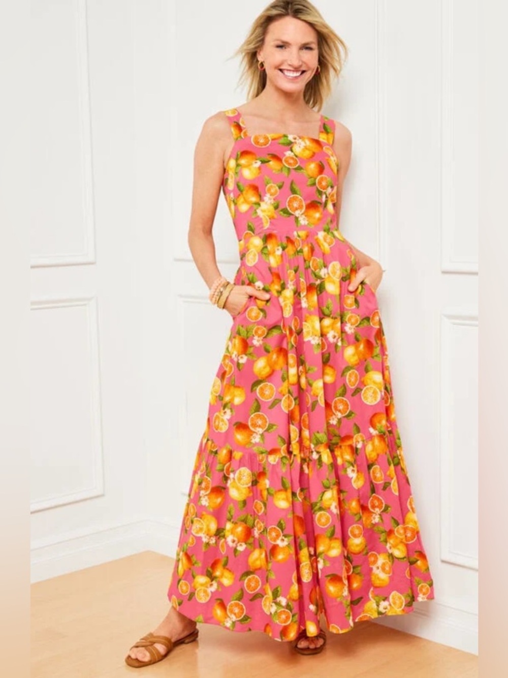 Talbots Tiered Maxi Dress Lemons and Oranges Size 20 EUC